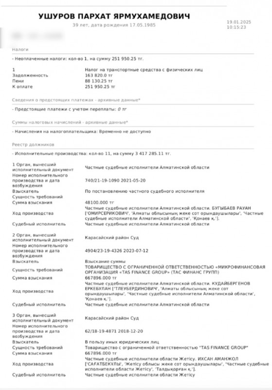 Ушаров Пархат Ярмухамедович – должник 3 млн тенге